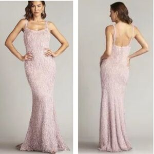 Tadashi Shoji Mauve Pip Eyelash Yarn Trumpet Gown with Open Back
